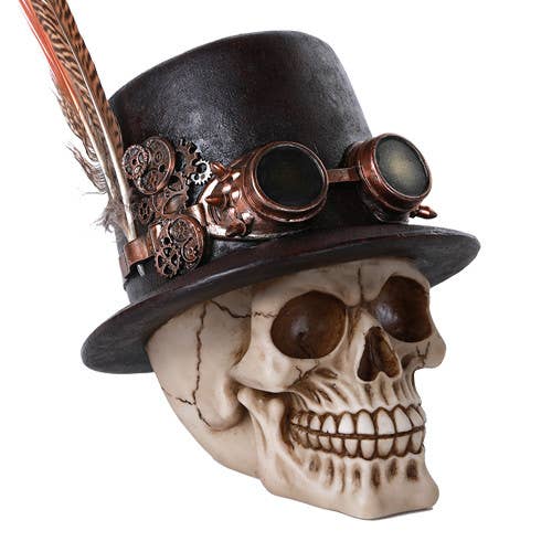 Skull wearing a top hat with goggles and a feather on a white background