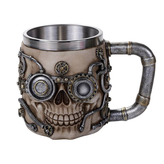 Steampunk-style skull mug with gears and pipes on a white background