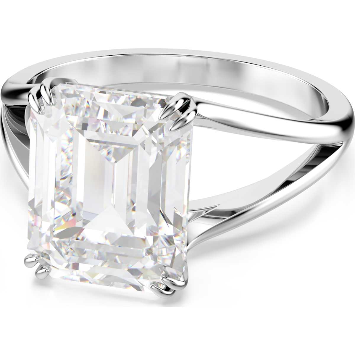 A single white, octagon-cut cocktail ring with a rhodium plated metal band.