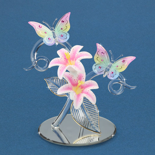 Decorative stand with pink flowers and butterflies on a blue background