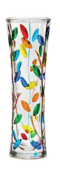 A cylindrical Murano glass vase with a colorful spiral pattern depicting a tree of life design.