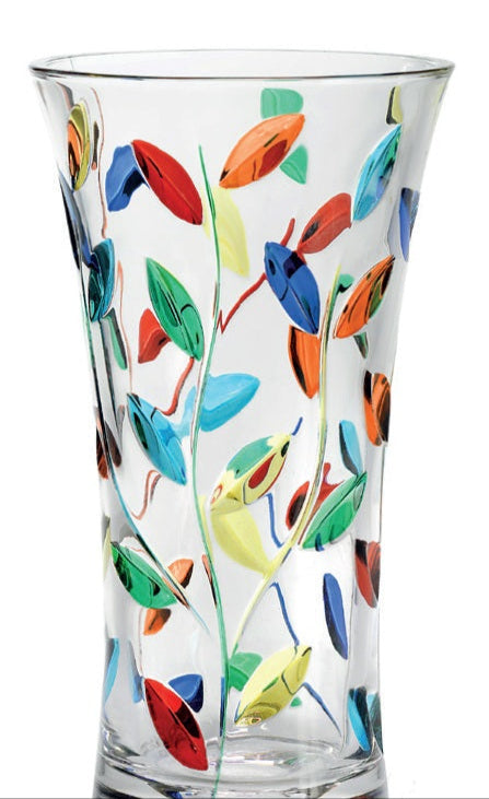 A tall Murano glass vase with a colorful spiral pattern, featuring a variety of colors including blue, red, yellow, and green.