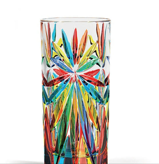 A multicolored, hand-painted glass with a geometric pattern.