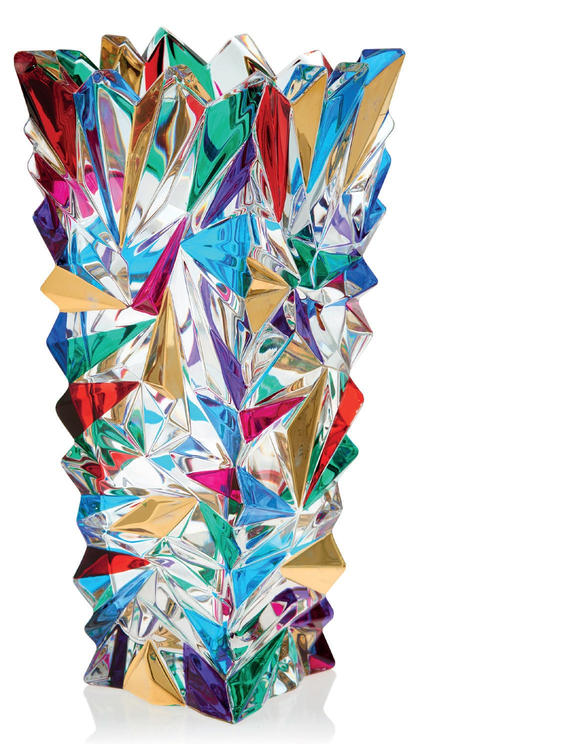 A hand painted art glass vase with a geometric pattern featuring multiple colors.