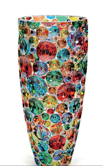 A multicolored Murano bubble vase with a geometric pattern, standing 14 inches tall.