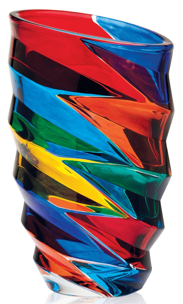 A multicolored, geometric patterned Murano glass vase displayed against a white background.