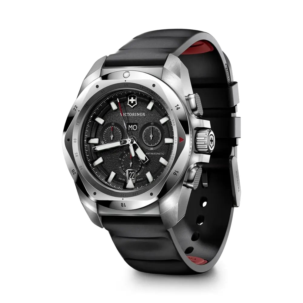 Victorinox watch with black strap and silver case on a white background