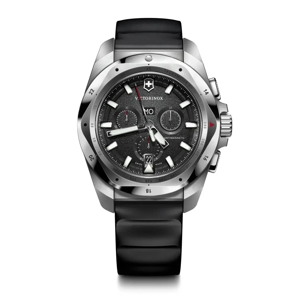 Victorinox stainless steel chronograph watch with a black dial and black rubber strap, shown against a plain white background.