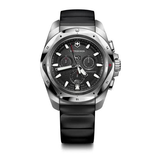 Victorinox stainless steel chronograph watch with a black dial and black rubber strap, shown against a plain white background.