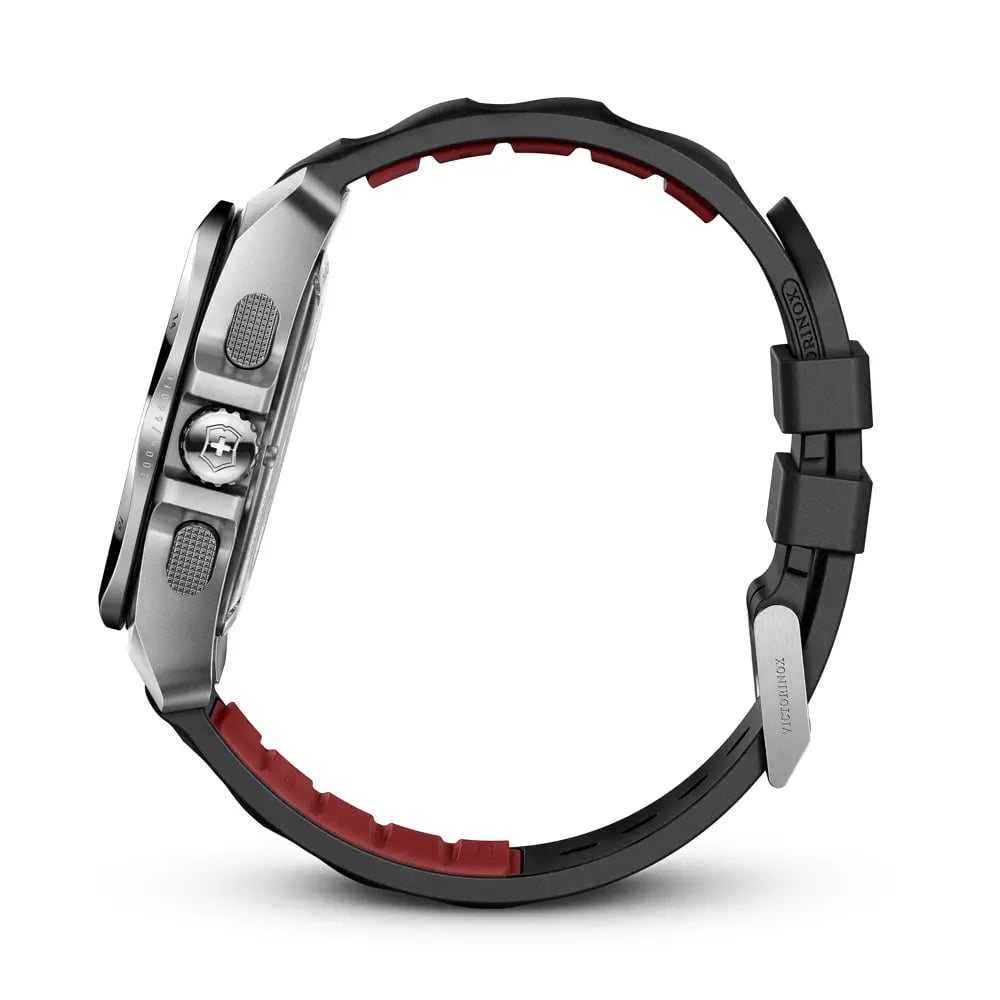 Close-up of a watch with a black band and red interior on a white background