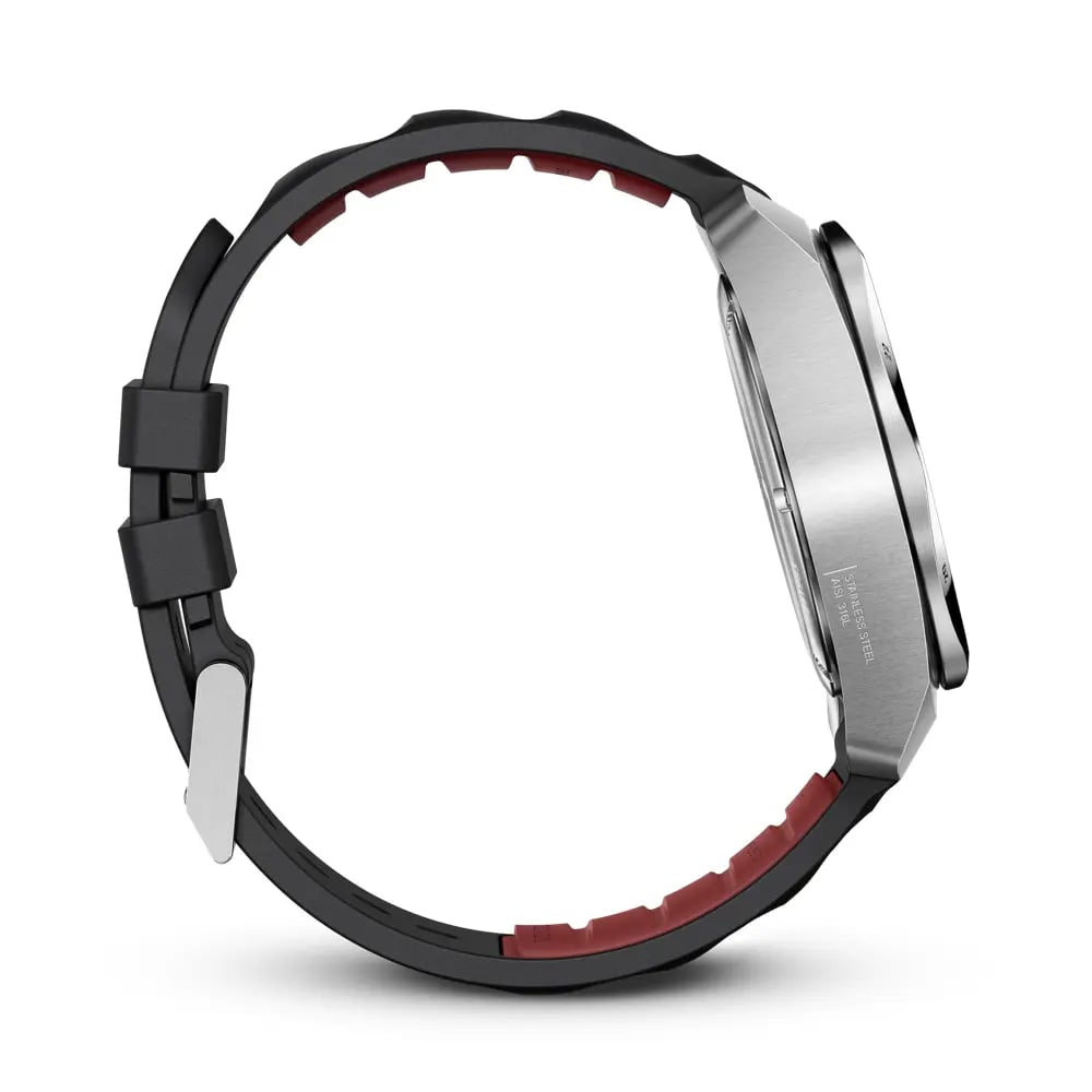Watch with black band and red interior on a white background