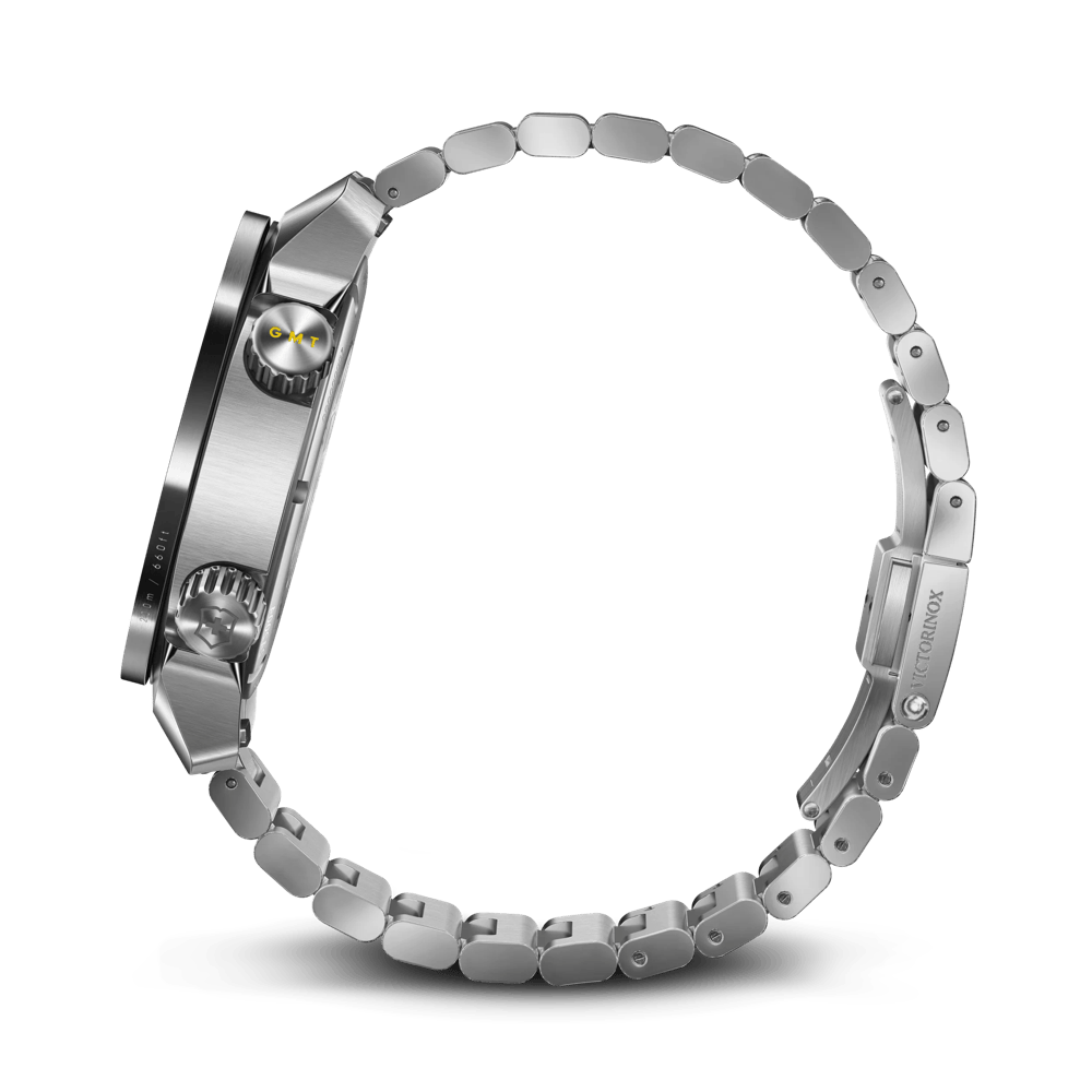 A close-up side view of a silver stainless steel smartwatch with a matching metal link band, showing the side profile, crown, and clasp on a clean white background.