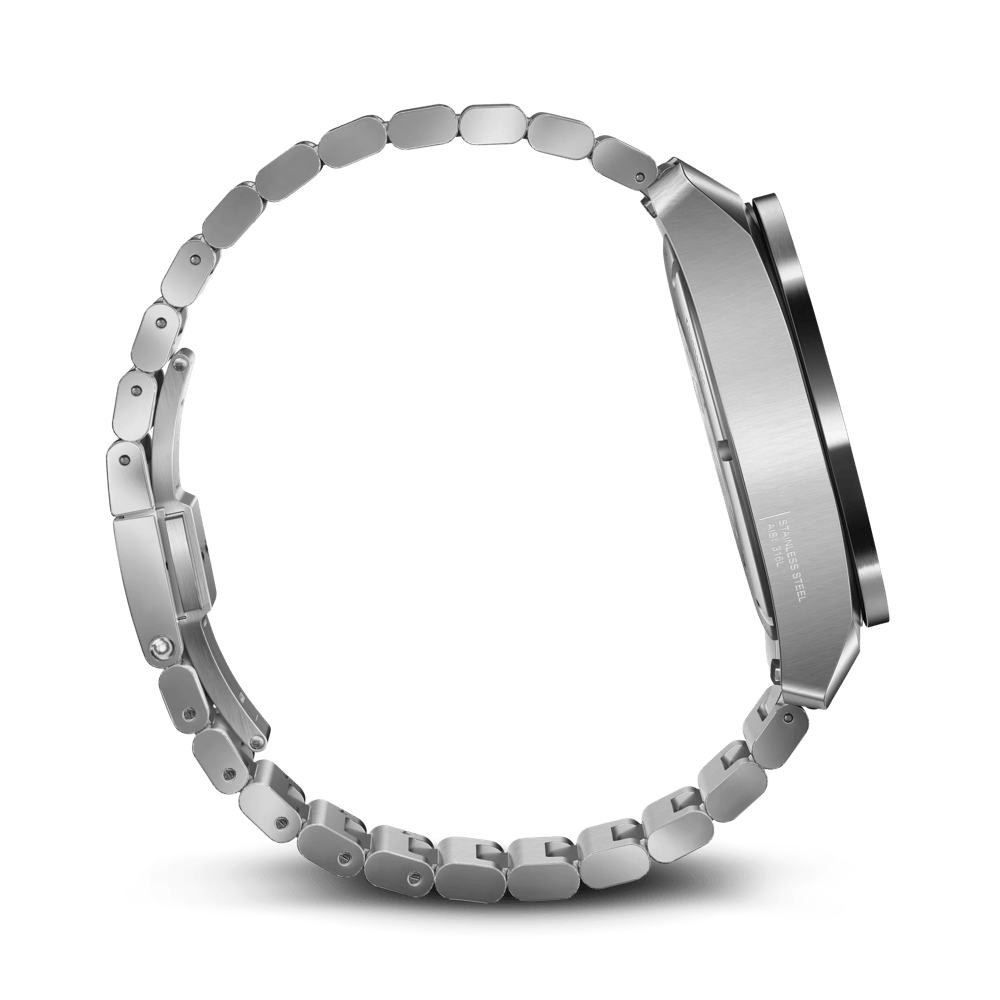 A silver stainless steel smartwatch with a matching link band, shown from a side profile view on a clean white background.