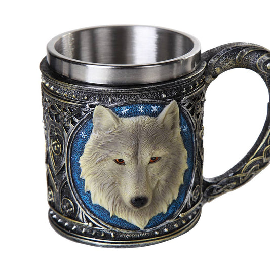 Decorative mug with a wolf design on a white background