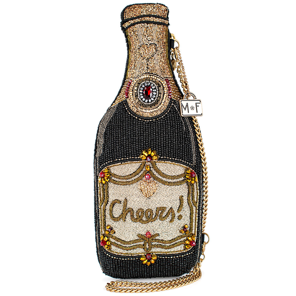A beaded handbag designed to resemble a champagne bottle, with a 'Cheers!' text on the label and a removable chain strap.