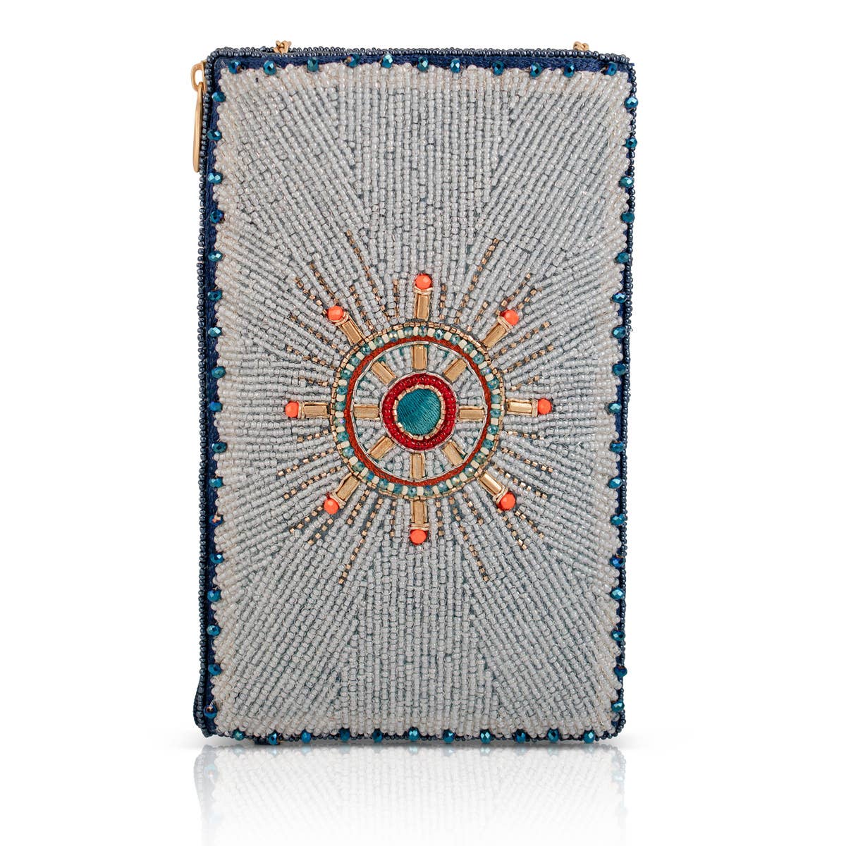 Decorative clutch with beaded design on a white background