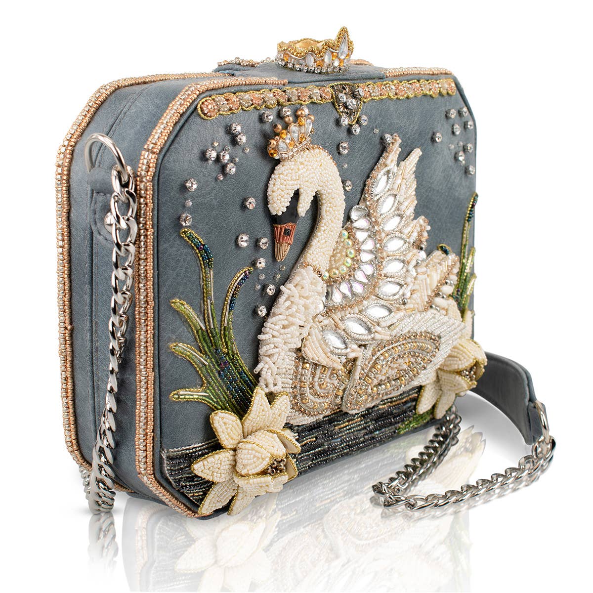 Decorative handbag with a swan design on a white background