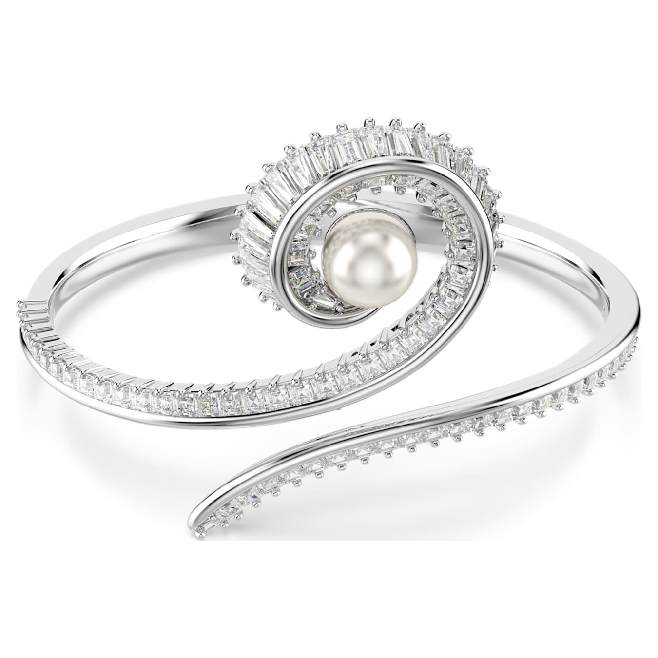 Silver bangle with a pearl and diamond accents on a white background
