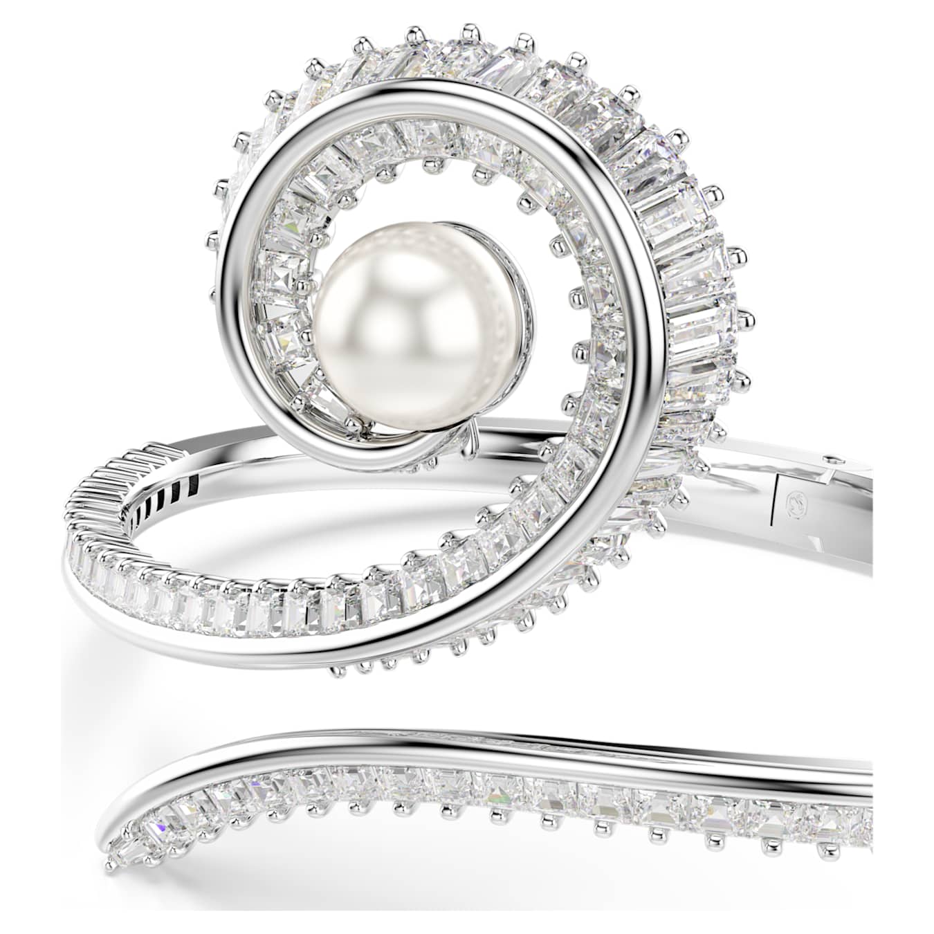 Elegant silver bangle with a pearl and diamond accents on a white background