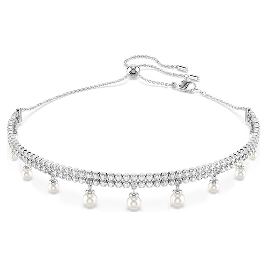 A rhodium plated choker necklace featuring clear Swarovski Zirconia in round cuts and white crystal pearls.