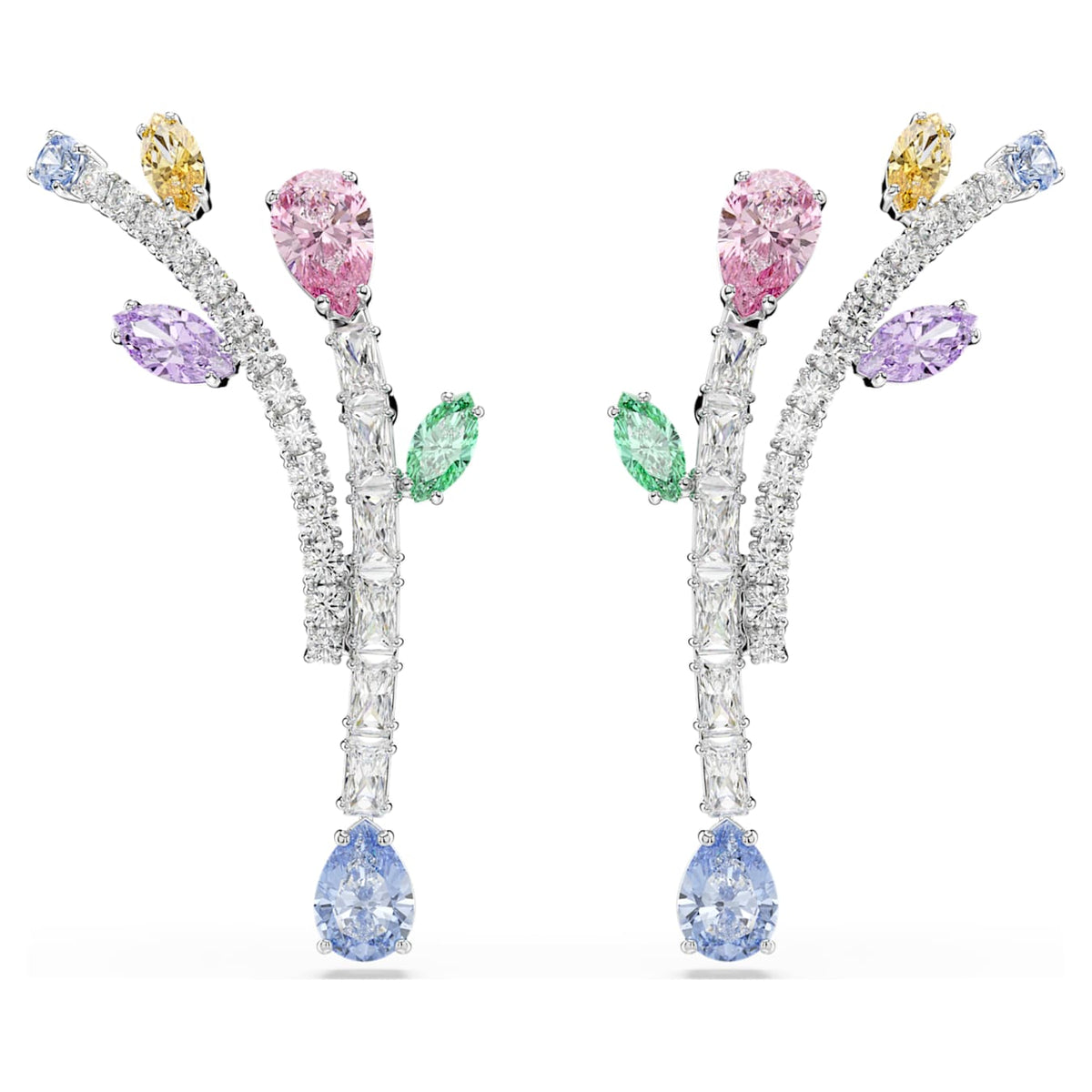 Ariana Grande x Swarovski rhodium-plated drop earrings with a floral spray of multicolored crystals in pink, purple, green, yellow, and blue, on a white background.
