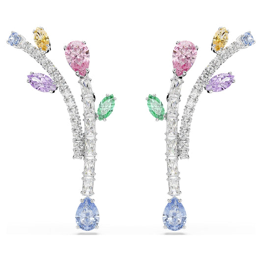 Ariana Grande x Swarovski rhodium-plated drop earrings with a floral spray of multicolored crystals in pink, purple, green, yellow, and blue, on a white background.