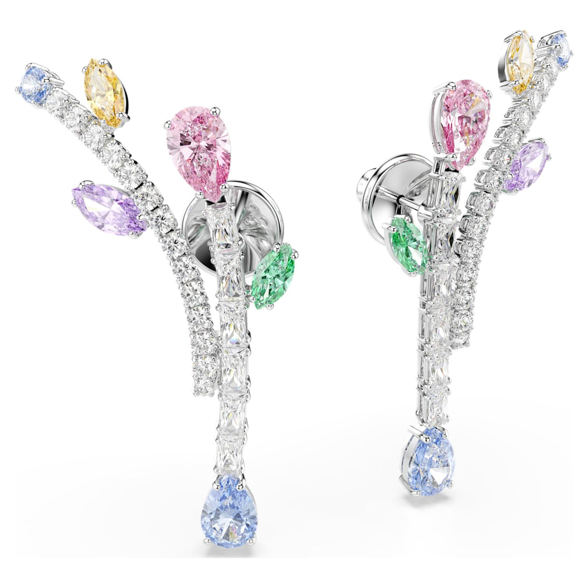 Angled view of the Swarovski drop earrings showing the ear posts and butterfly backings alongside the multicolored crystal floral design.