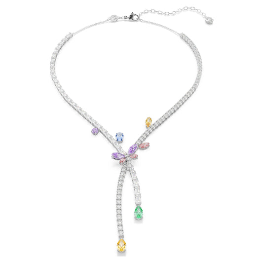  Ariana Grande x Swarovski rhodium-plated Y necklace with a pink and purple dragonfly, pastel stones and two dangling strands.
