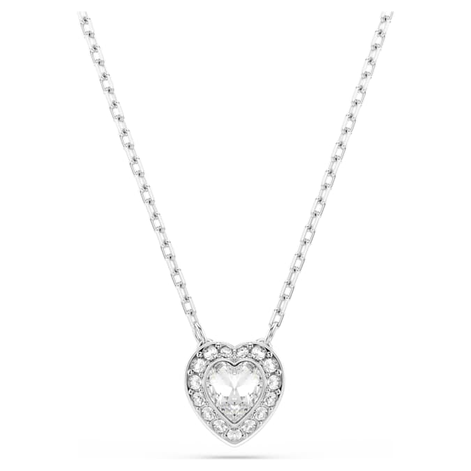 A rhodium plated silver Swarovski pendant necklace with a heart-shaped crystal motif surrounded by a glittering halo of clear pavé crystals, suspended from a delicate chain.