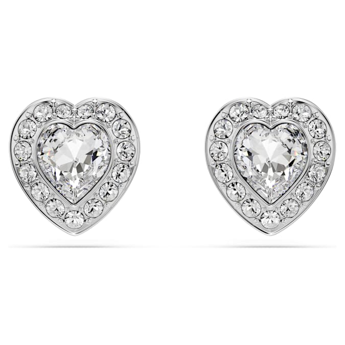 A pair of rhodium plated heart-shaped Swarovski stud earrings with a halo of clear crystals around each heart.