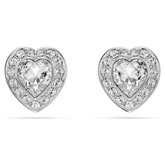 A pair of rhodium plated heart-shaped Swarovski stud earrings with a halo of clear crystals around each heart.