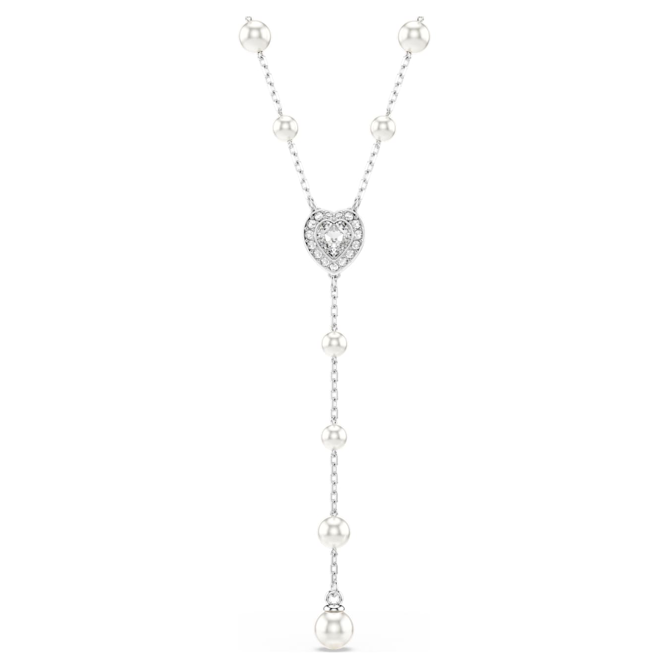 A rhodium plated Y-necklace with mixed cuts of Swarovski crystals and crystal pearls in white, forming a heart-shaped motif at the center with a sliding ball clasp.
