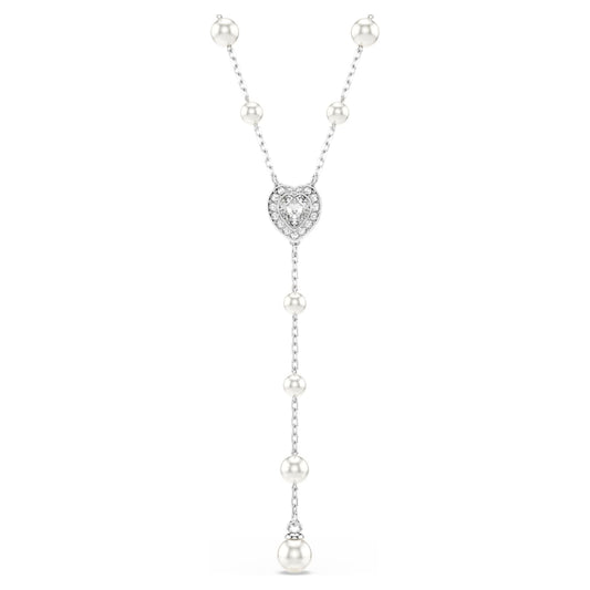 A rhodium plated Y-necklace with mixed cuts of Swarovski crystals and crystal pearls in white, forming a heart-shaped motif at the center with a sliding ball clasp.