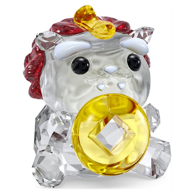 A crystal figurine of a cute Pixiu with a yellow crystal in its mouth and a red crown on its head.
