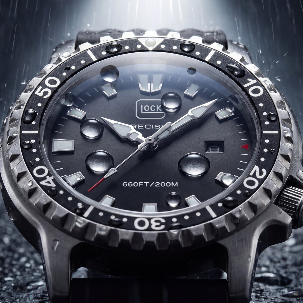 Black wristwatch with detailed dial on a dark background