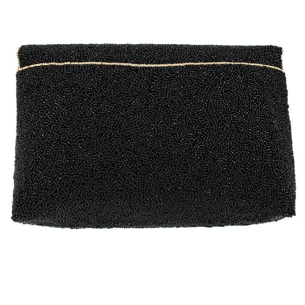 Black beaded handbag with a gold trim on a white background
