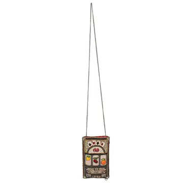 A beaded crossbody phone bag designed to resemble a slot machine with various symbols, including cards and fruits, displayed on the front on chain.