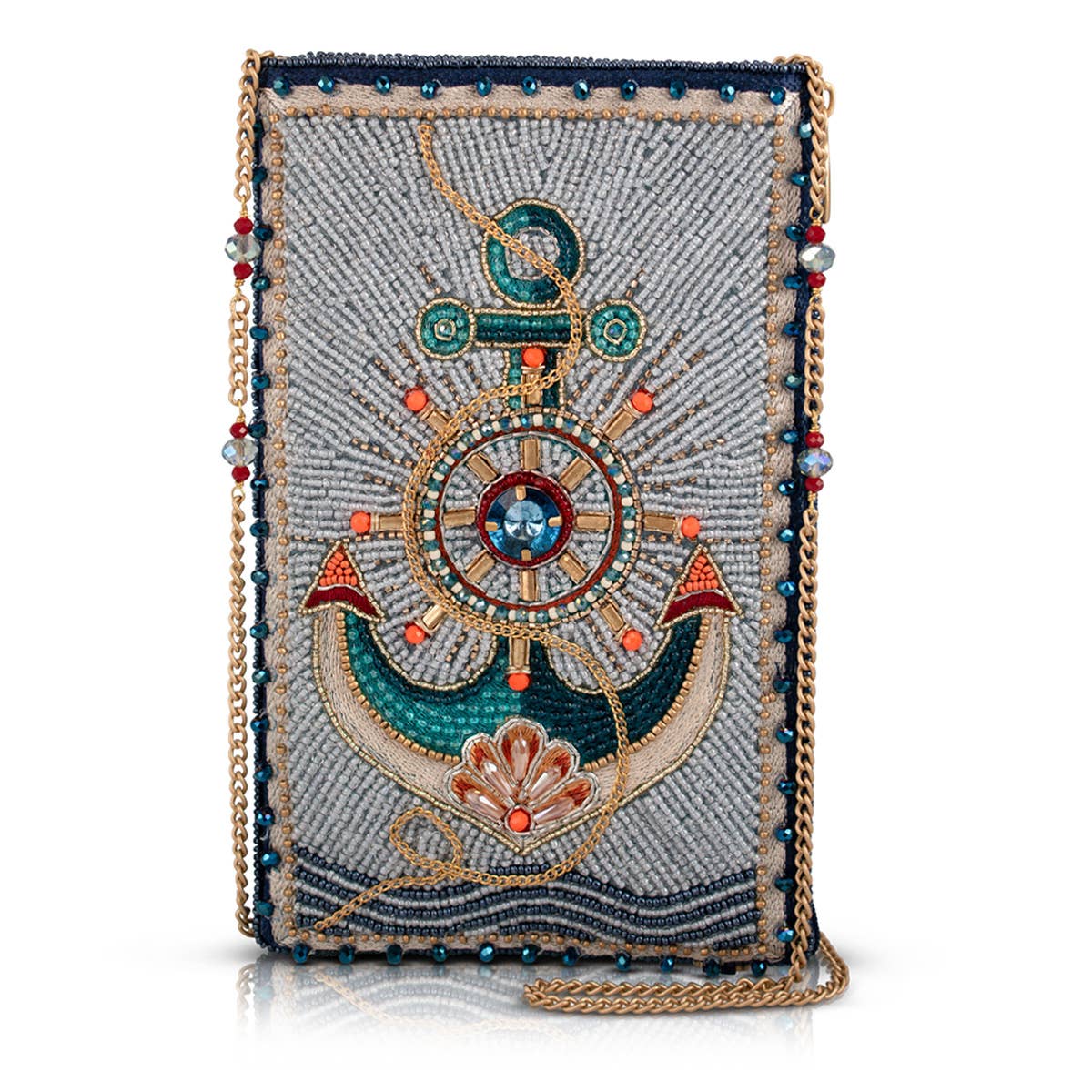 Decorative clutch bag with anchor and wheel design on a white background