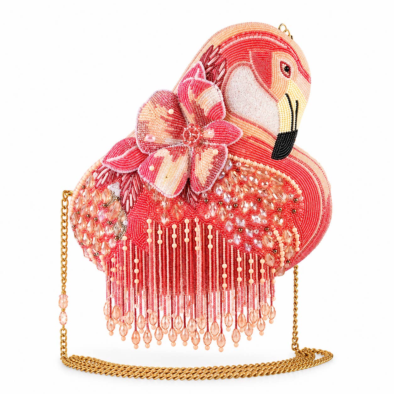 A pink and red beaded clutch bag shaped like a flamingo, featuring a large embroidered flower on the side, dangling bead fringe, and a gold chain strap, shown on a plain white background.