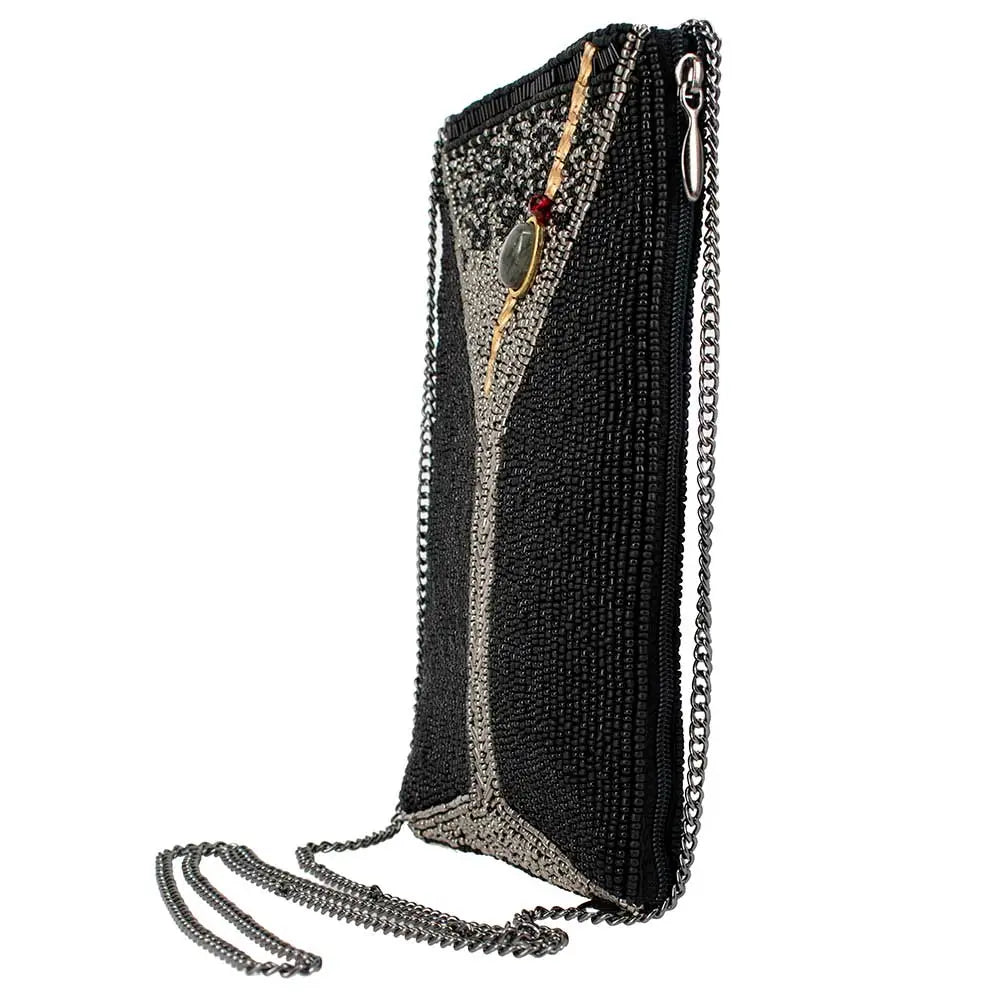 Black beaded handbag with chain strap on a white background