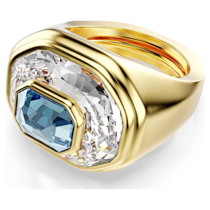 A gold-tone plated band ring with a central octagon-cut blue crystal, surrounded by a clear crystal, enhanced with Swarovski style.