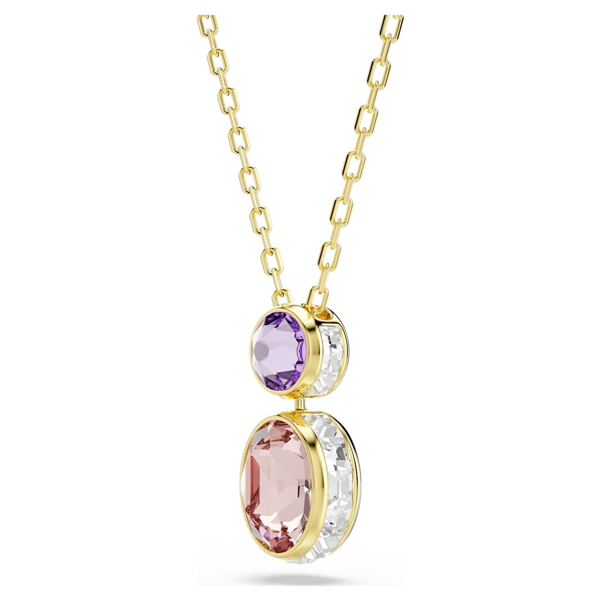 Angled view of Swarovski Chroma pendant showing purple and pink crystals, gold-tone settings and clear crystal sides.