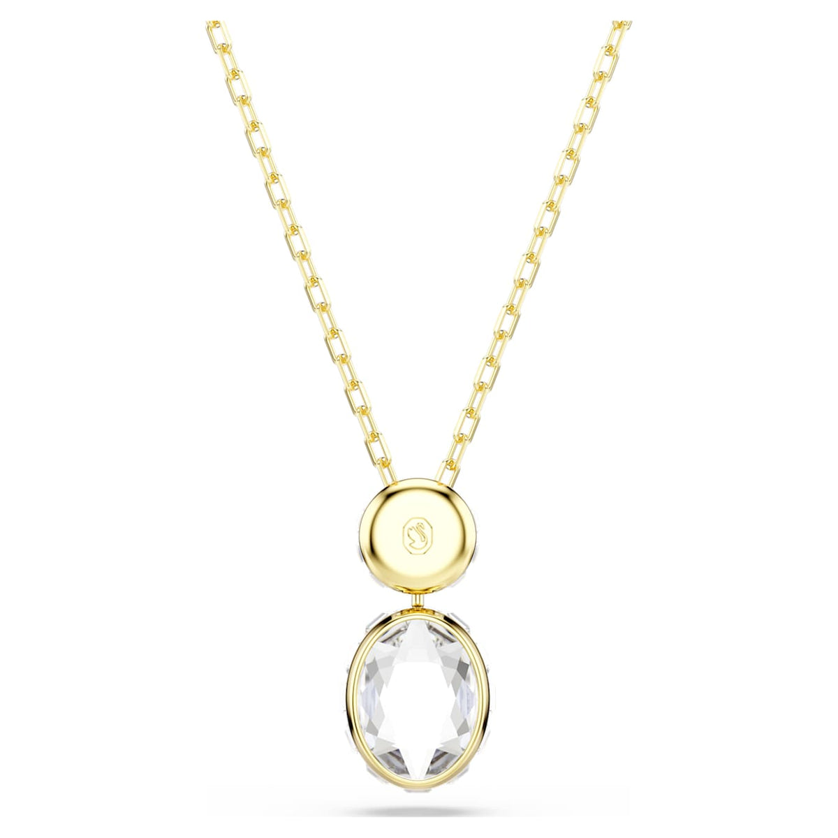 Reverse view of Swarovski Chroma pendant showing an oval clear crystal beneath a gold-tone disc with the swan logo