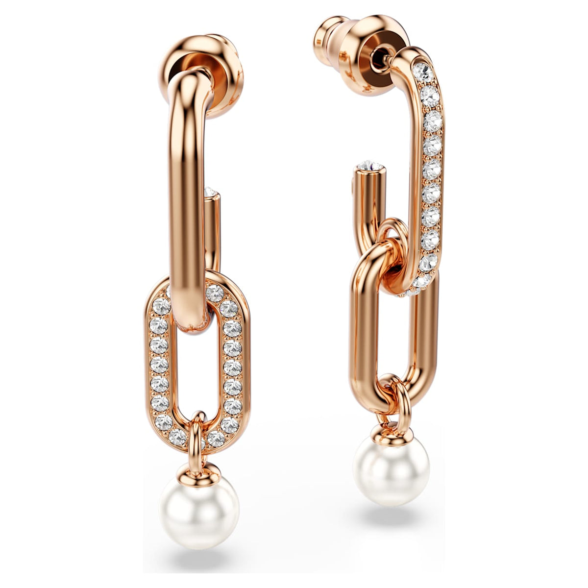 Angled view of Swarovski Constella earrings showing crystal-lined links, rose gold-tone finish, and white pearl drops.