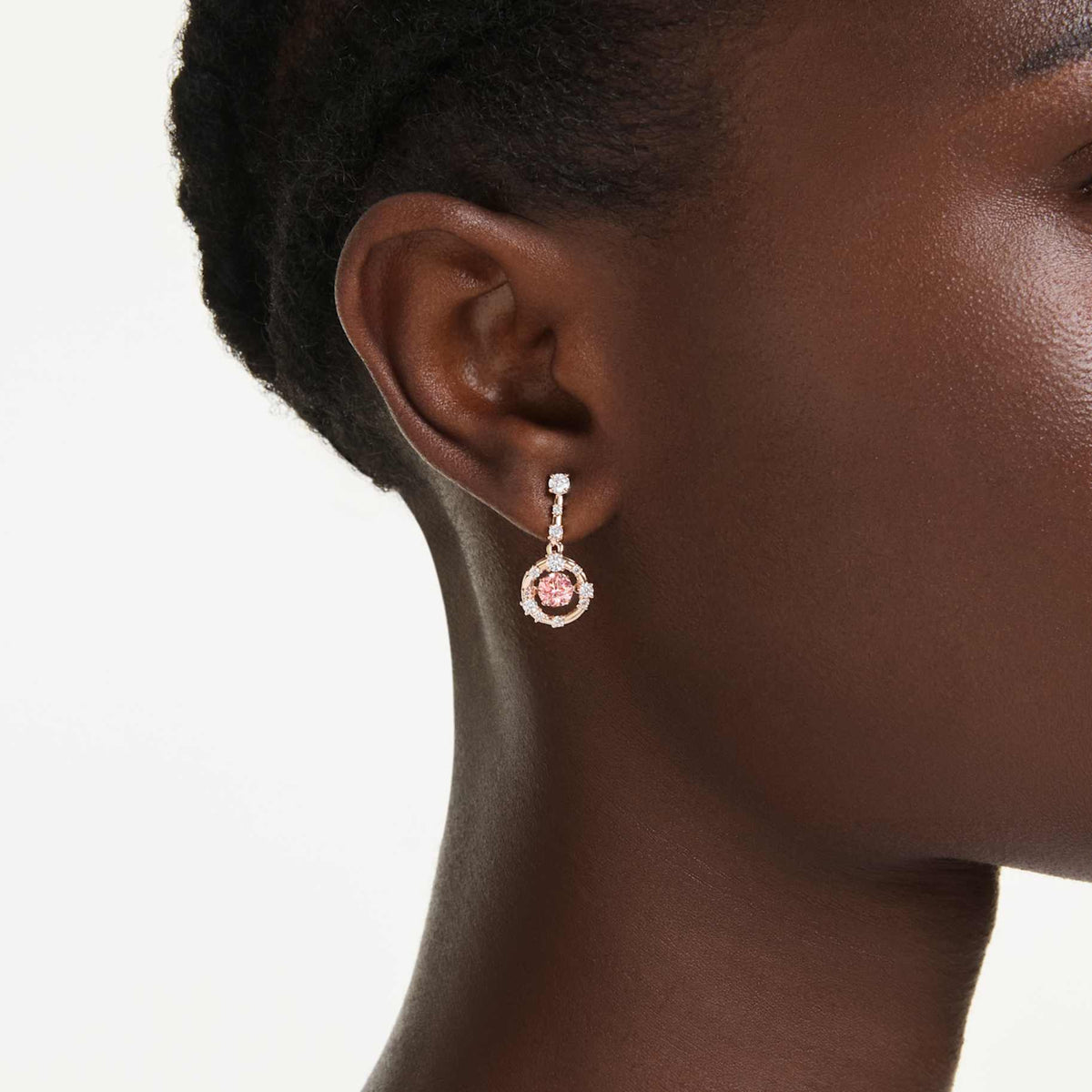 Constella drop earrings, Round cut, Dancing stone, Pink, Rose gold-tone plated 5744239