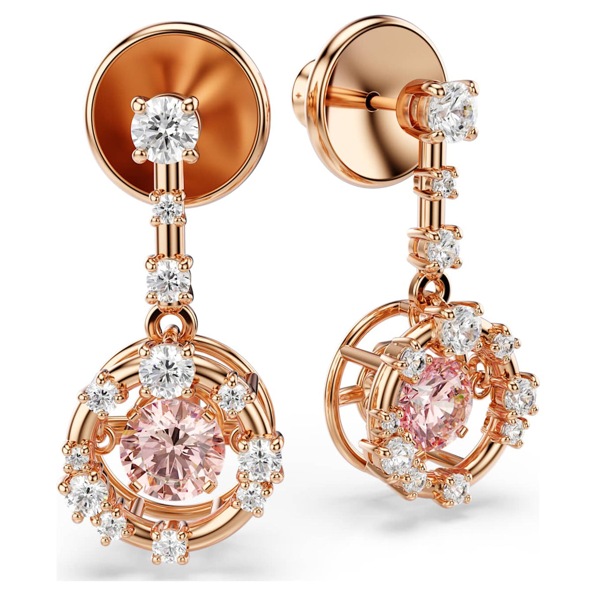 Constella drop earrings, Round cut, Dancing stone, Pink, Rose gold-tone plated 5744239