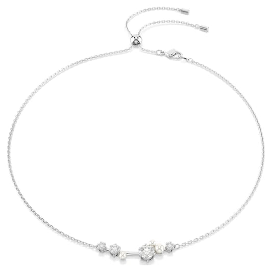 The rhodium plated silver tone necklace features a special pulling mechanism, allowing you to wear the jewelry as a necklace or a choker.