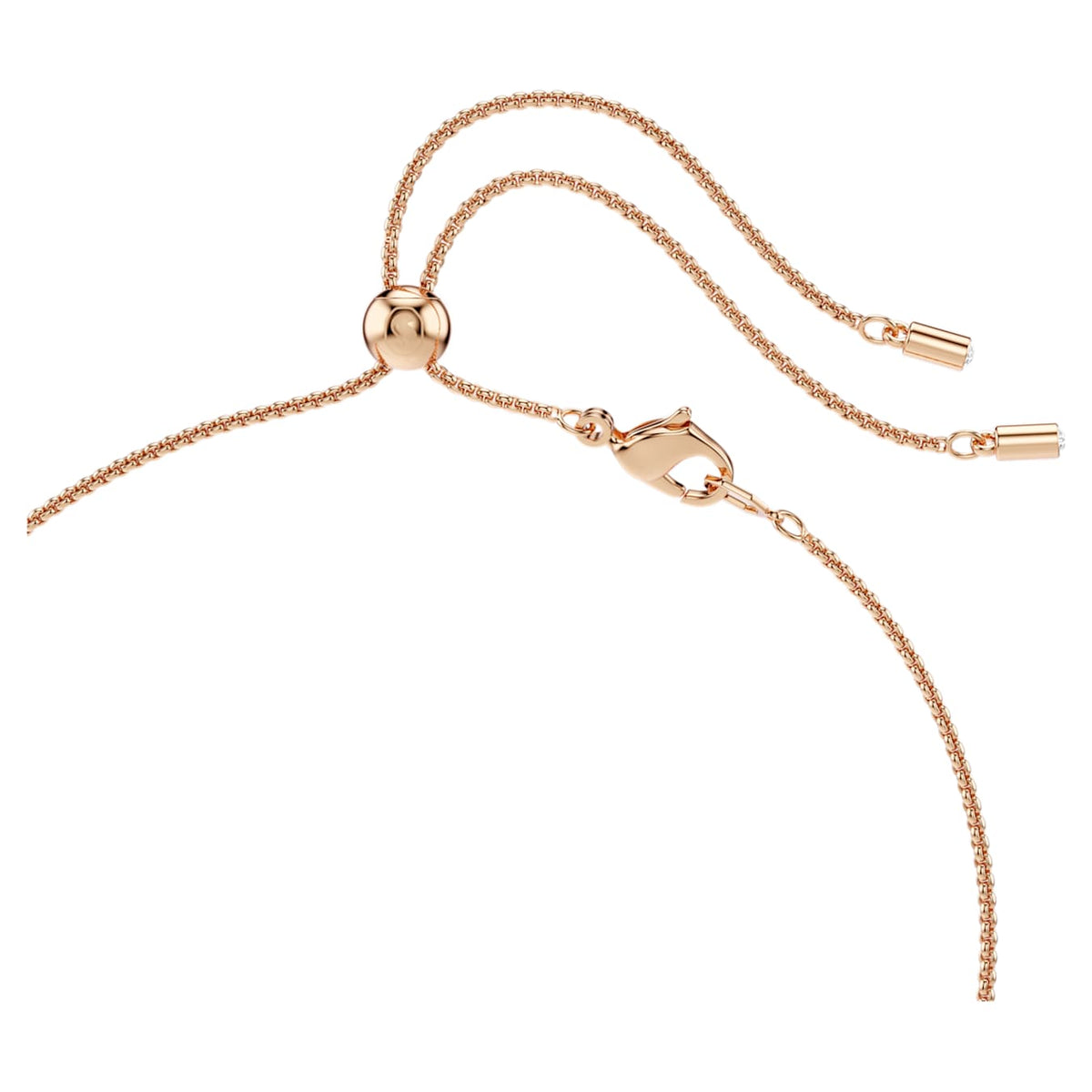 Close-up of the necklace's rose gold-tone slider bead, lobster clasp, and adjustable cord ends