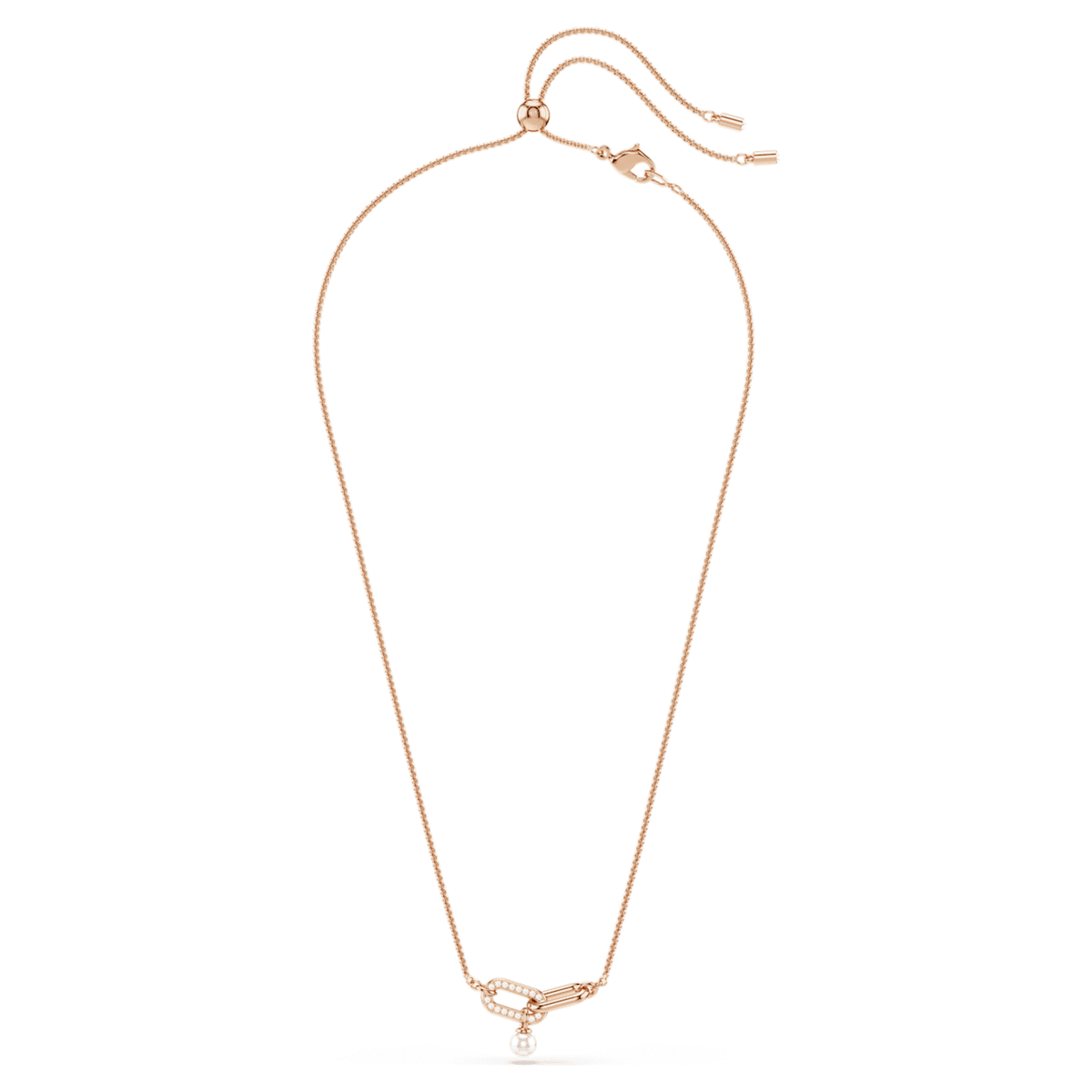 Full view of the Swarovski Constella pendant necklace laid flat, showing the rose gold-tone adjustable slider chain, lobster clasp, and pearl drop pendant.