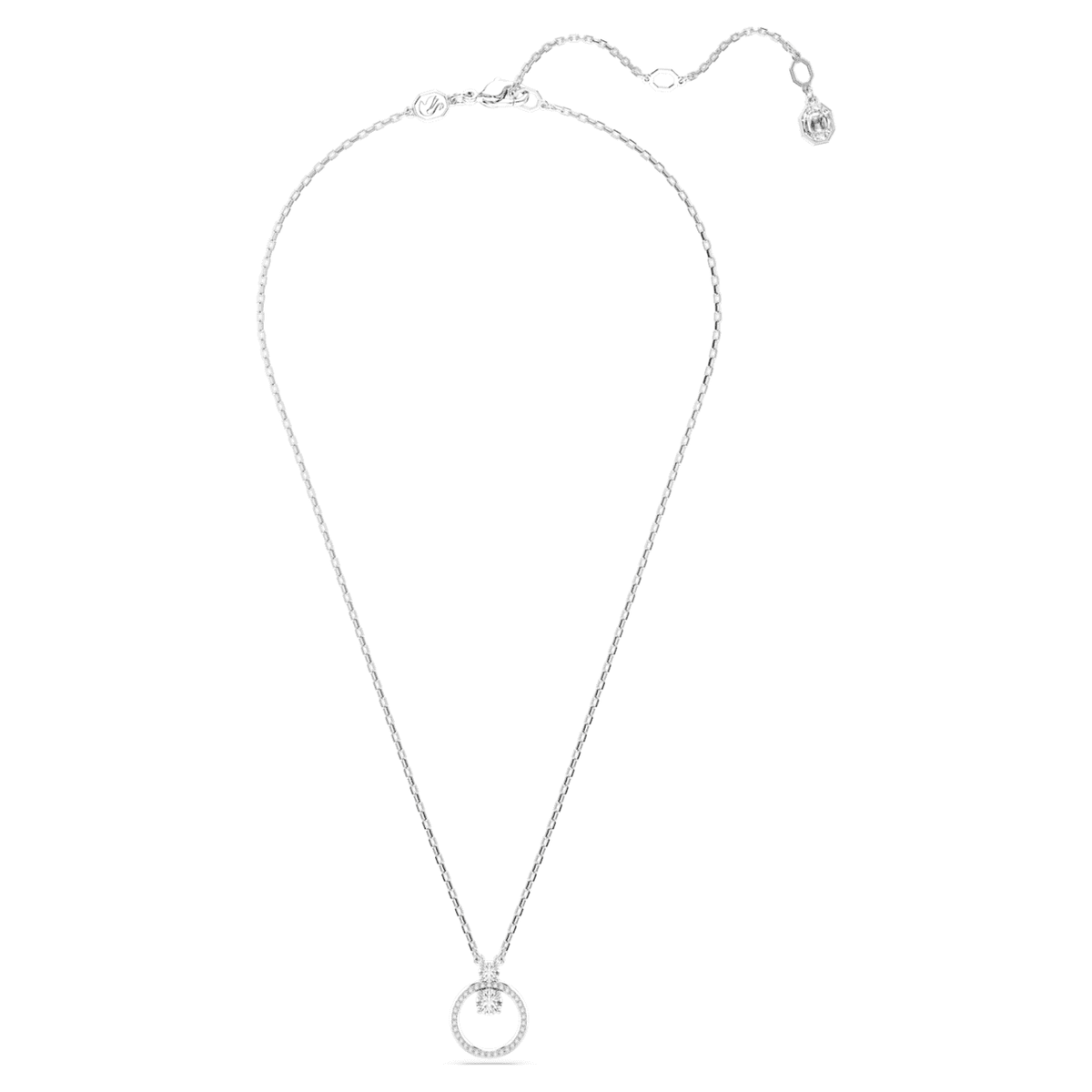 A full view of a rhodium-plated silver pendant with a round cut white crystal, attached to a silver chain.